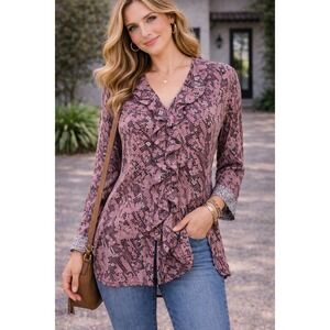 Preston & York Womens Plus Size 16W Snake Print Ruffle V Neck Long Sleeve Blouse